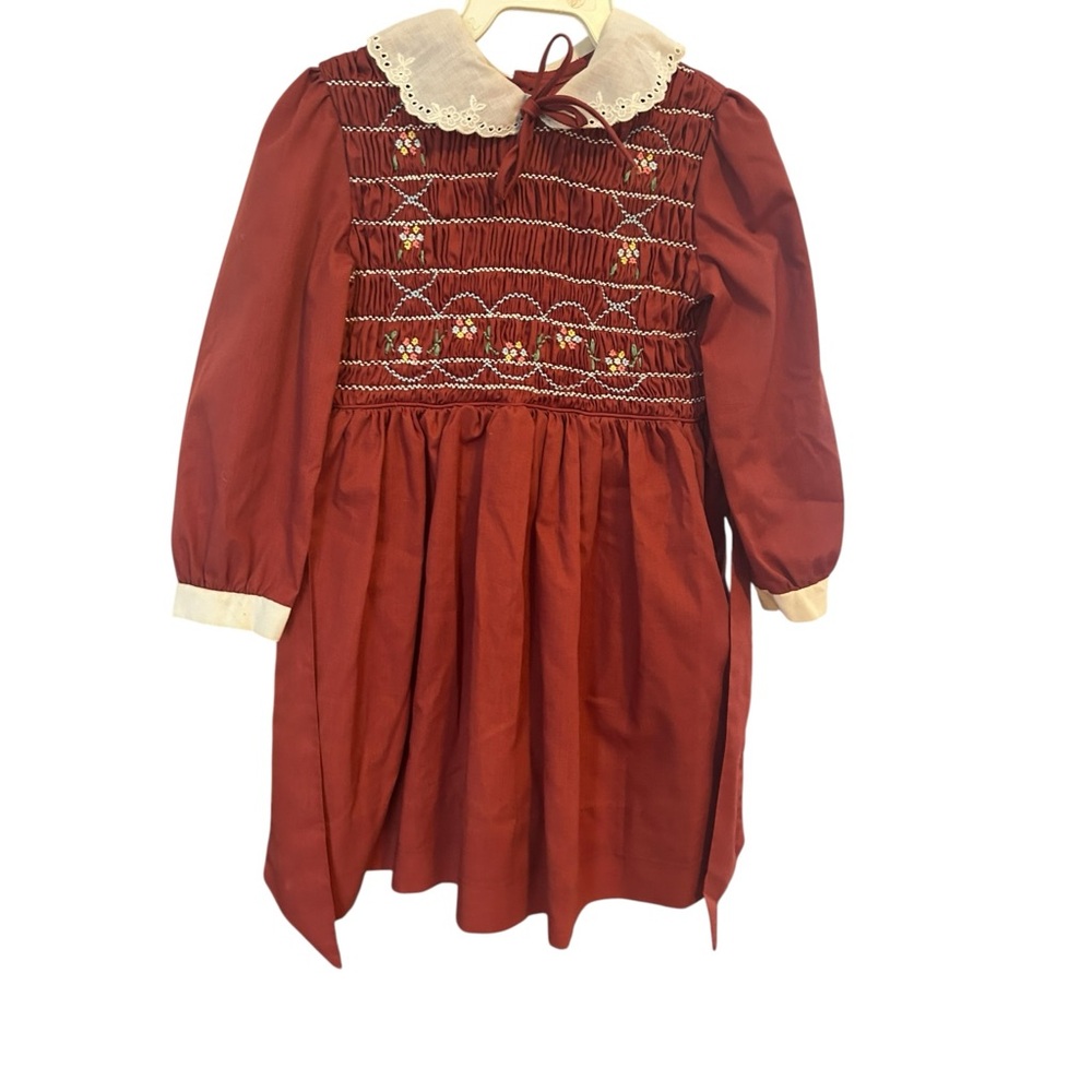 VTG Polly Flinders Hand Smocked Embroidered Dress Sz 5 Red Long Sleeve Floral